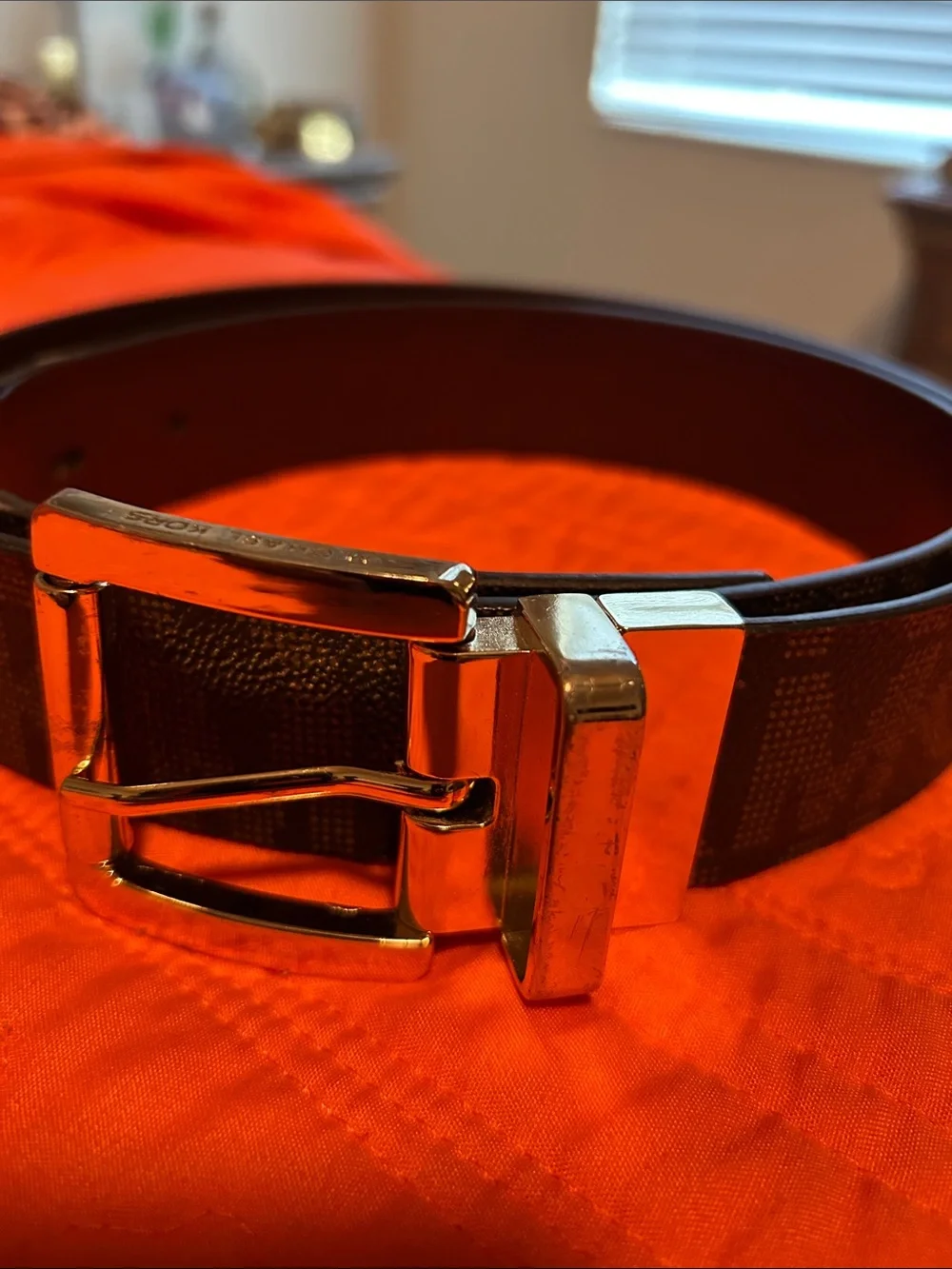 Ladies Leather Belt with Gold Buckle - Brown Michael Kors